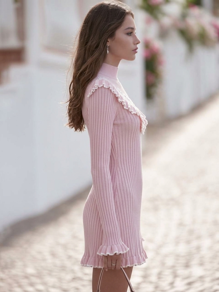 Romantic Resort Baby Pink White Ruffle Trim Mock Neck Ribbed Knit Mini Dress