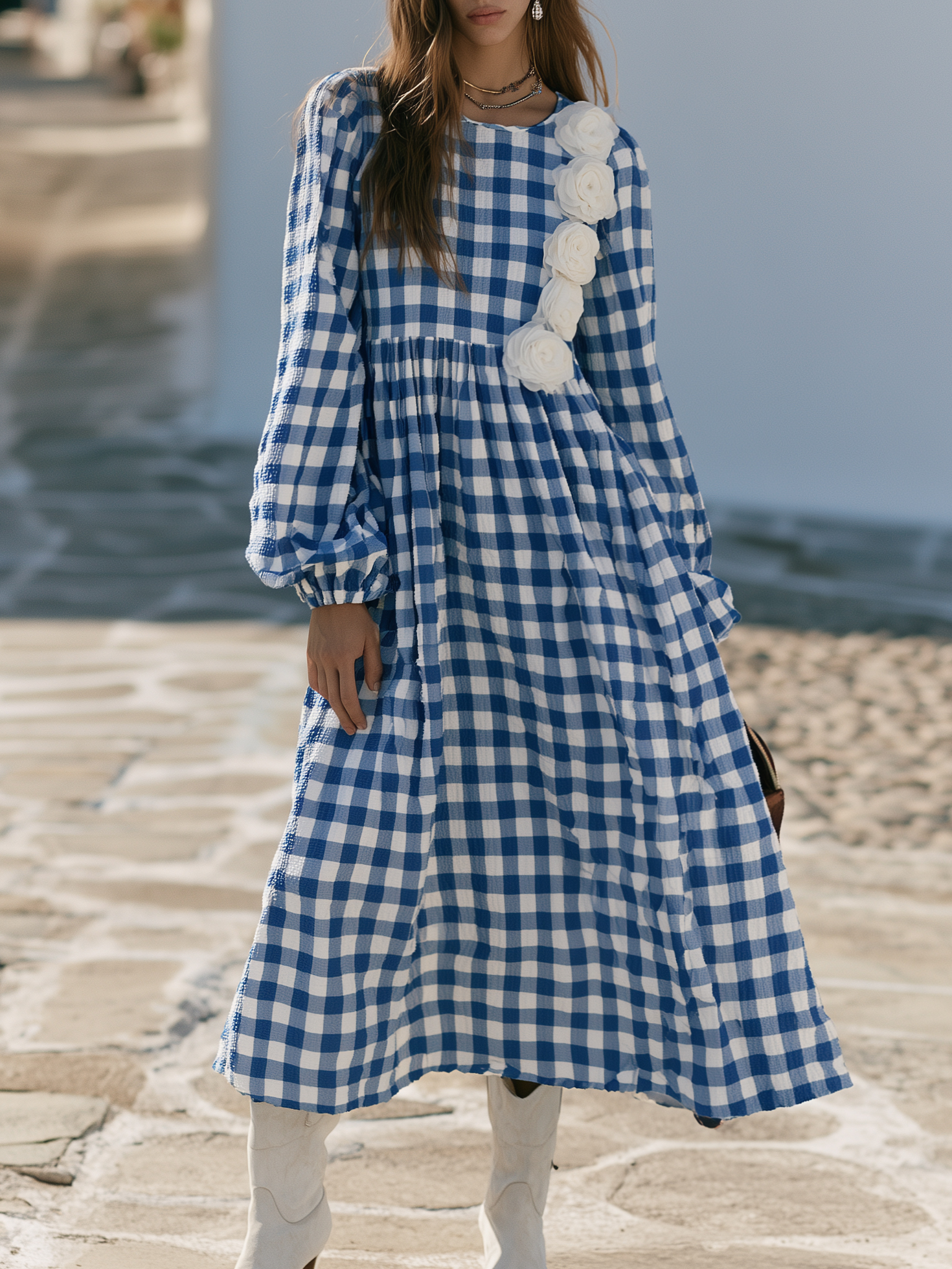Mediterranean Chic Blue White Gingham Seersucker 3D Floral Applique Long Sleeve Maxi Dress