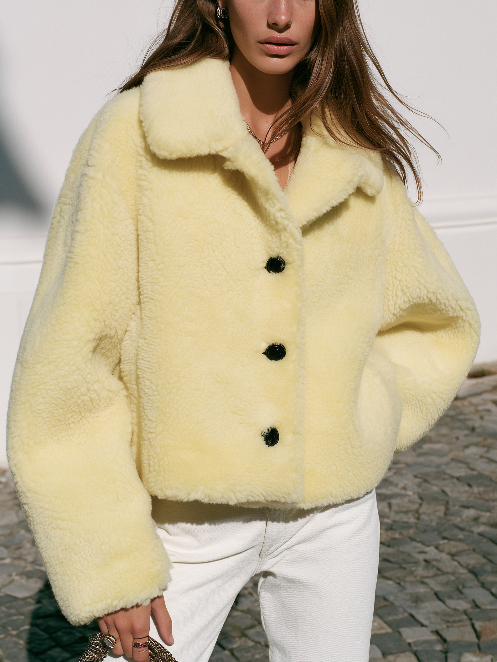 Old Money Casual Pale Yellow Lapel Single‑Breasted Cropped Fleece Teddy Jacket