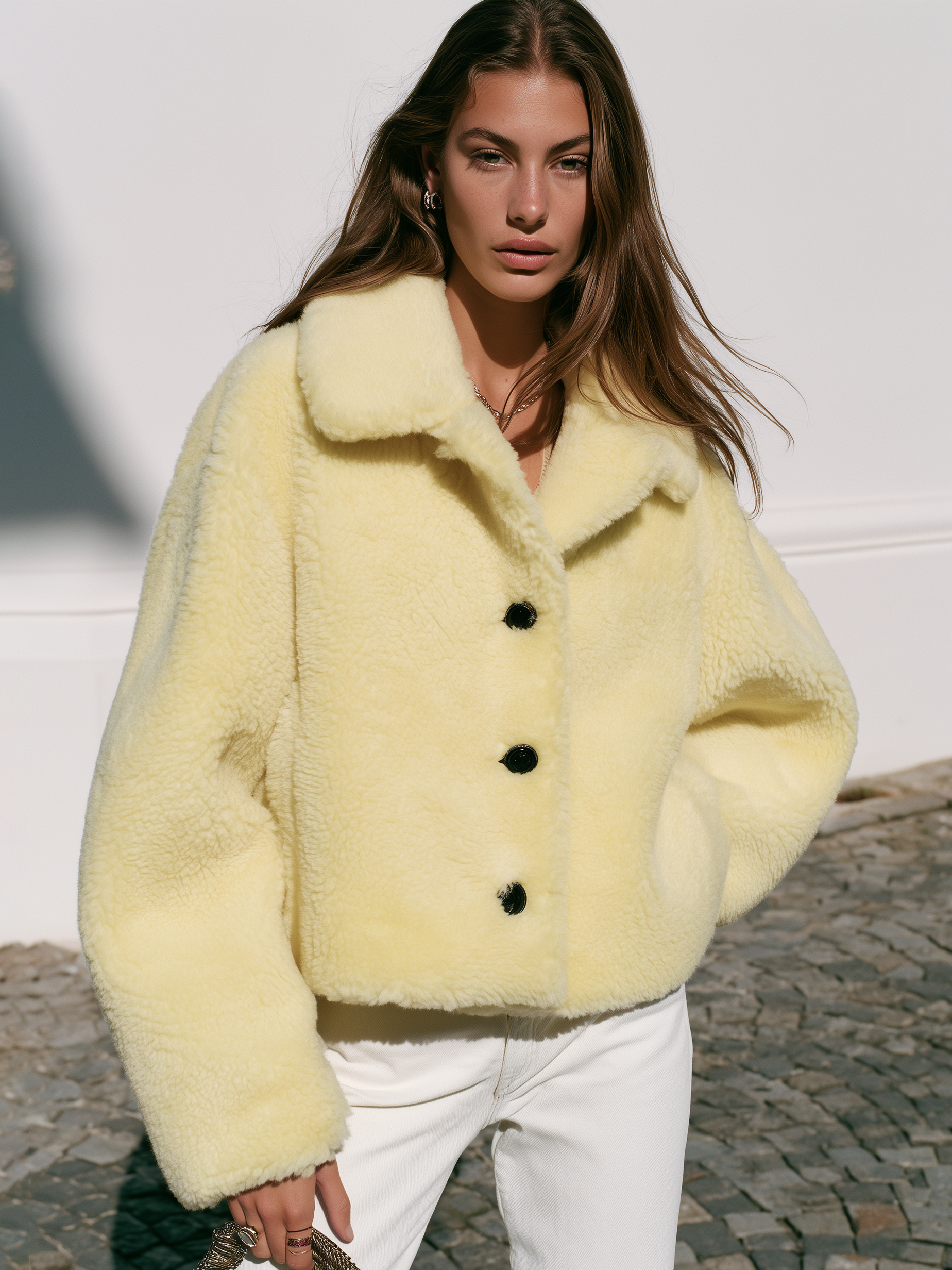 Old Money Casual Pale Yellow Lapel Single‑Breasted Cropped Fleece Teddy Jacket