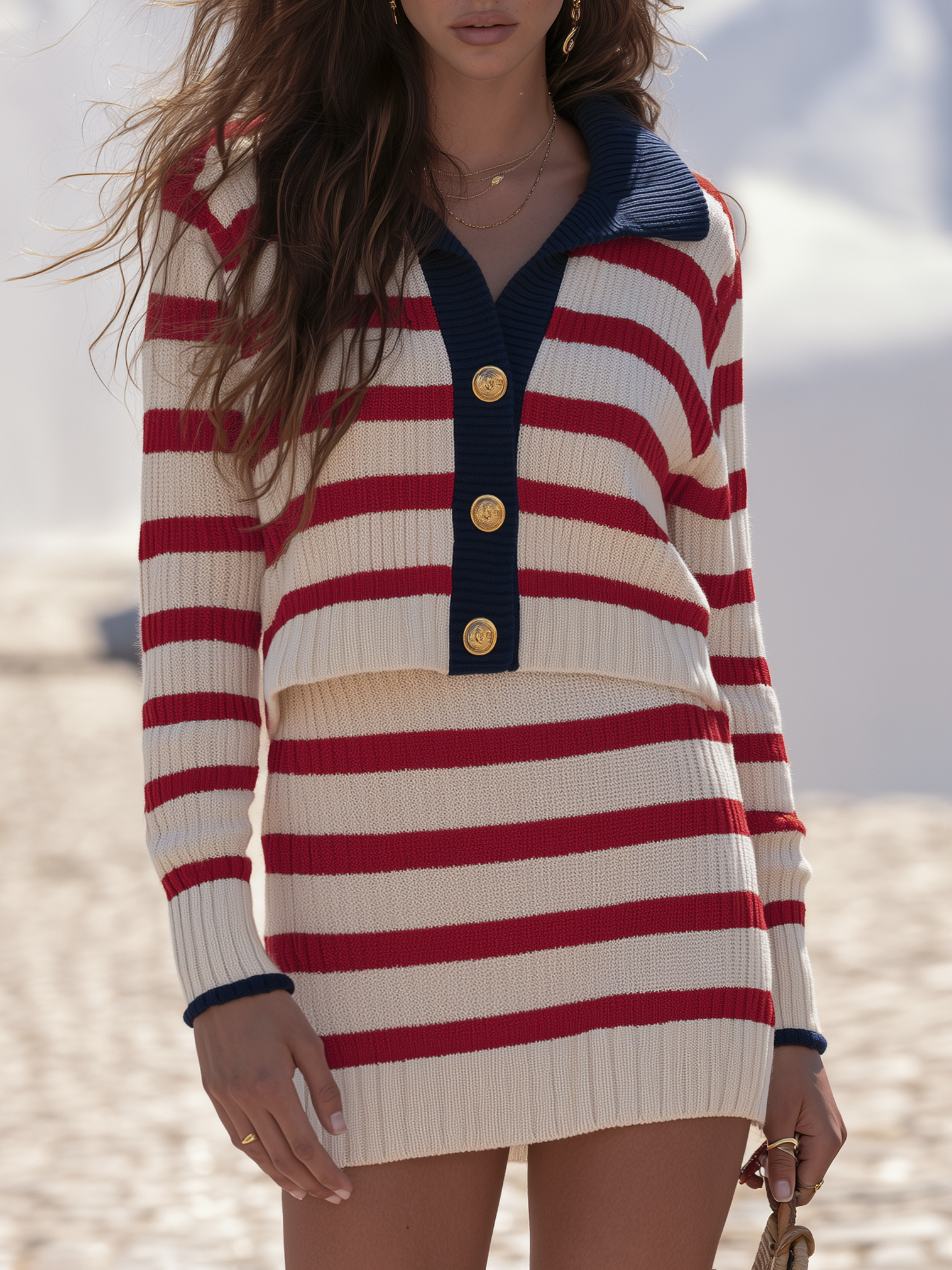 Nautical Old Money Red White Stripe Collared Knit Top And Mini Skirt Two‑Piece Set