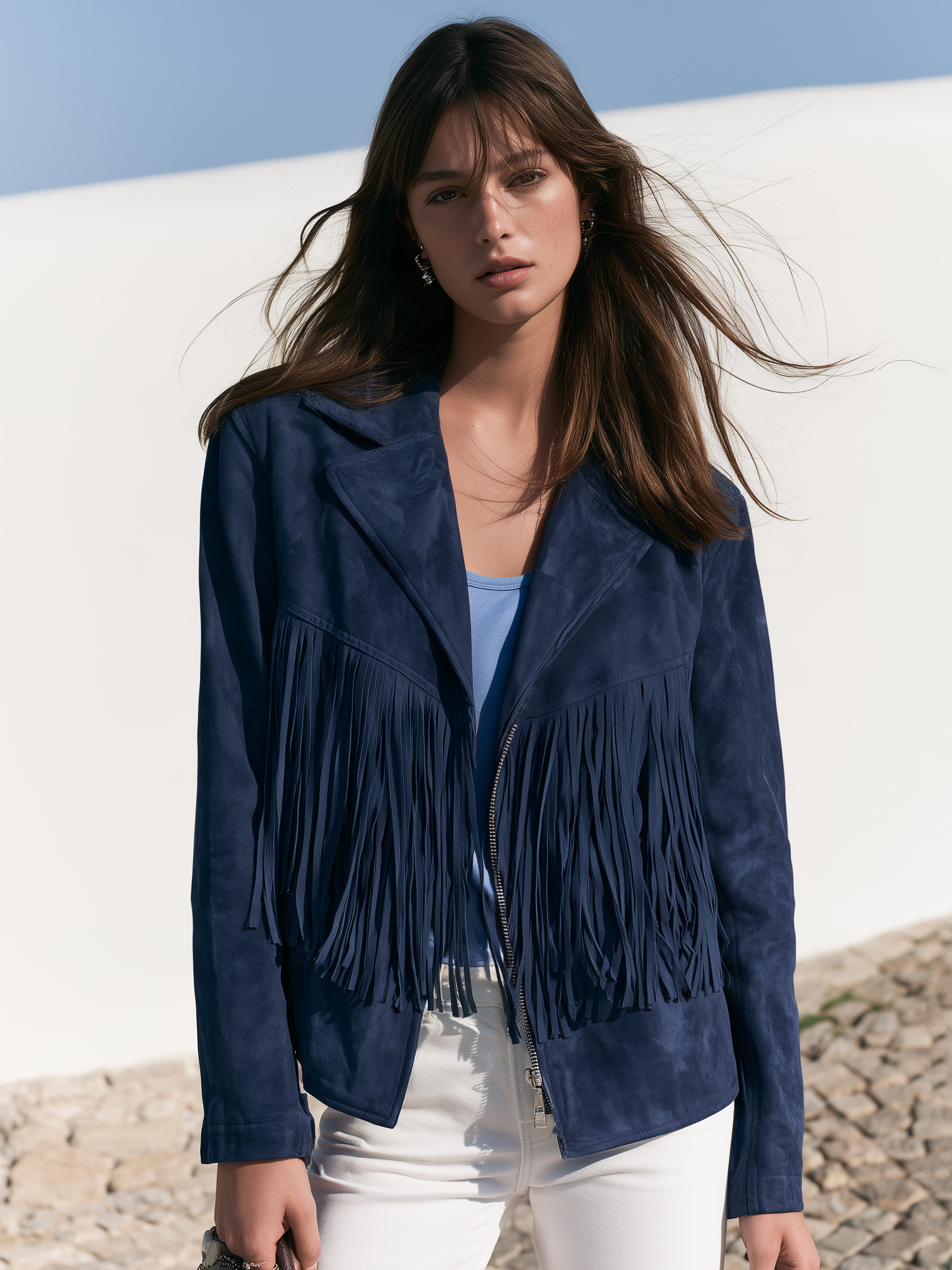 Boho Western Chic Navy Blue Faux Suede Fringe Lapel Zip‑Up Cropped Biker Jacket