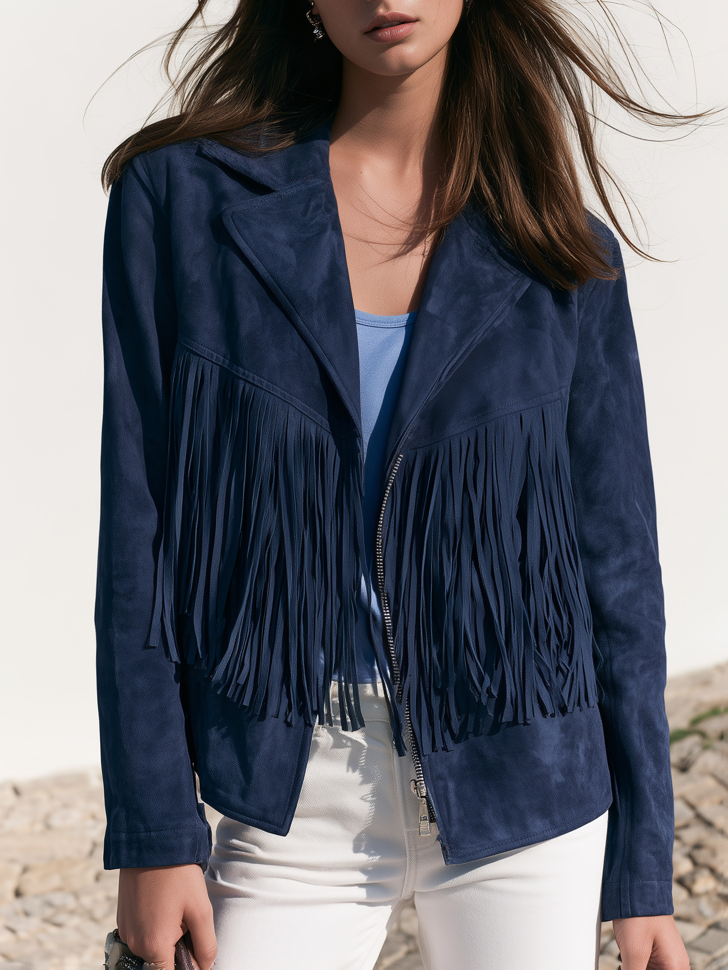 Boho Western Chic Navy Blue Faux Suede Fringe Lapel Zip‑Up Cropped Biker Jacket