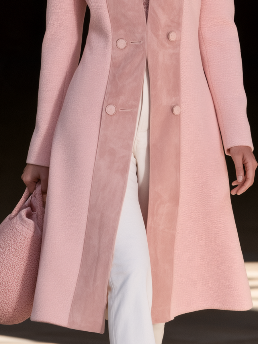 Elegant Stand-collar Suede Patchwork Pink Mid-length Coat