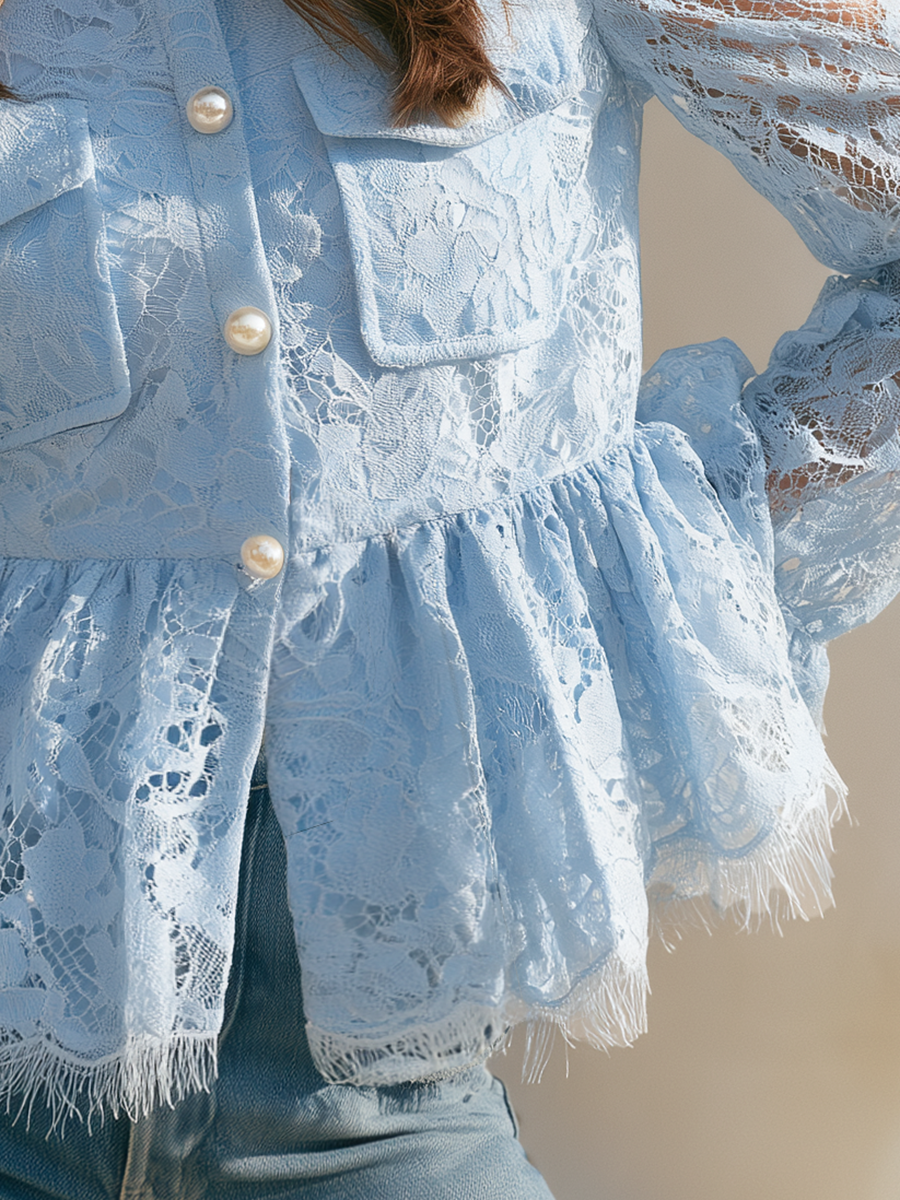 Romantic Sheer Floral Lace Pearl Button Flap Pocket Eyelash Trim Ruffle Peplum Sky Blue Cropped Jacket