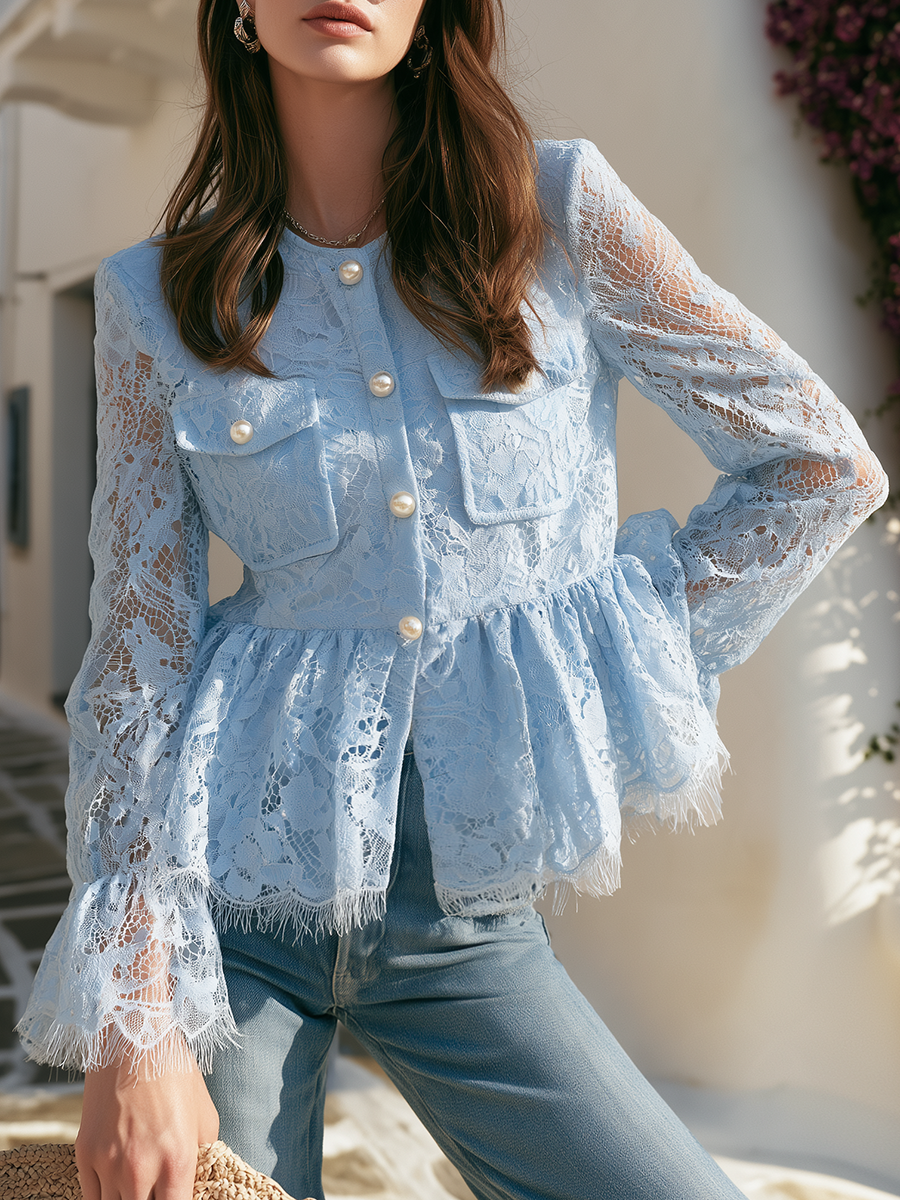 Romantic Sheer Floral Lace Pearl Button Flap Pocket Eyelash Trim Ruffle Peplum Sky Blue Cropped Jacket