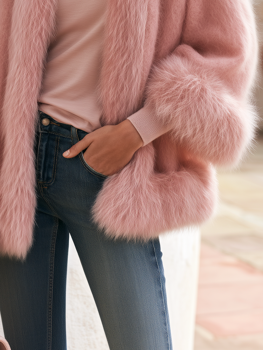 Elegant Relaxed Faux Fur Trim Mohair Knit Cardigan