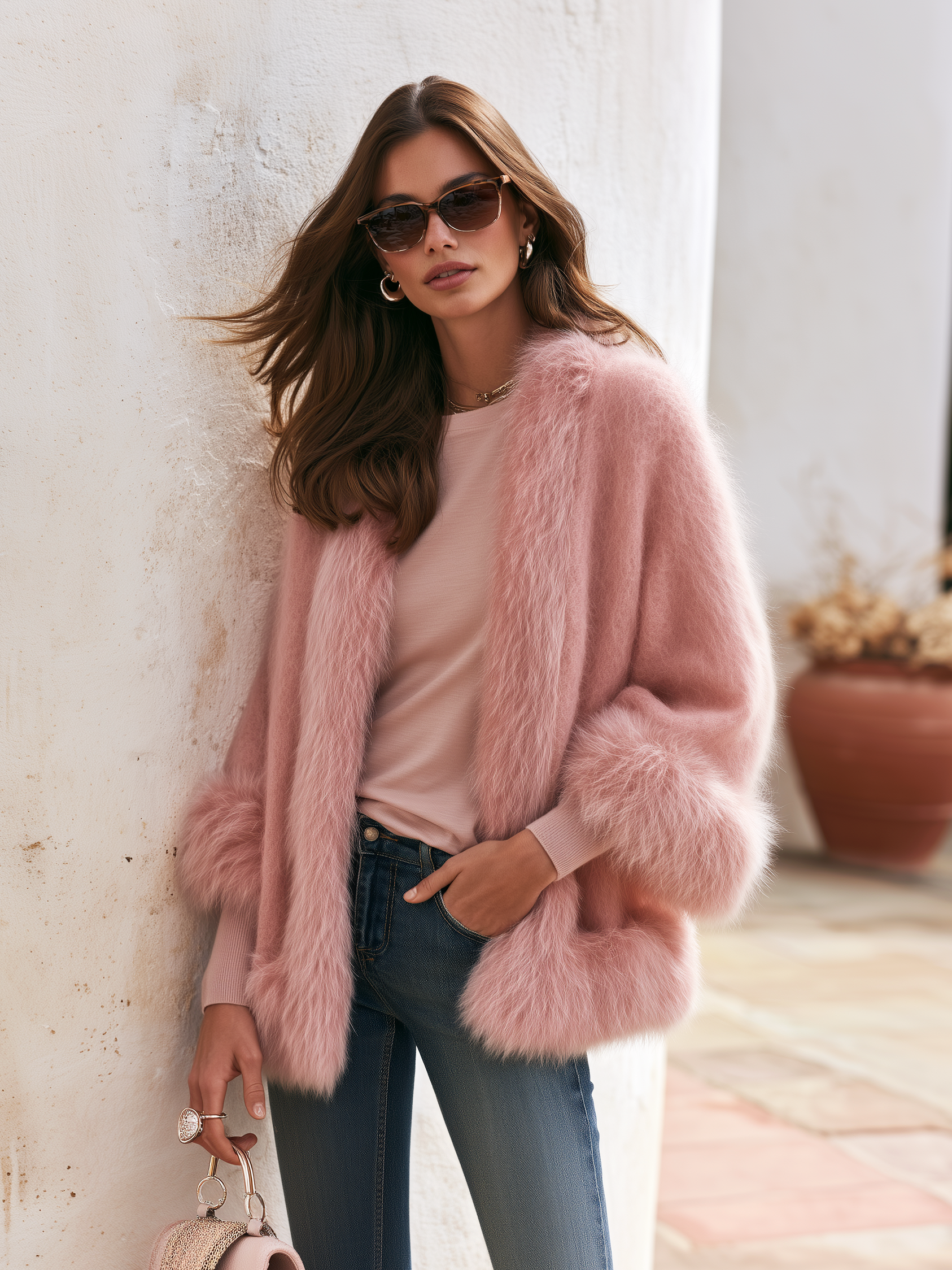 Elegant Relaxed Faux Fur Trim Mohair Knit Cardigan