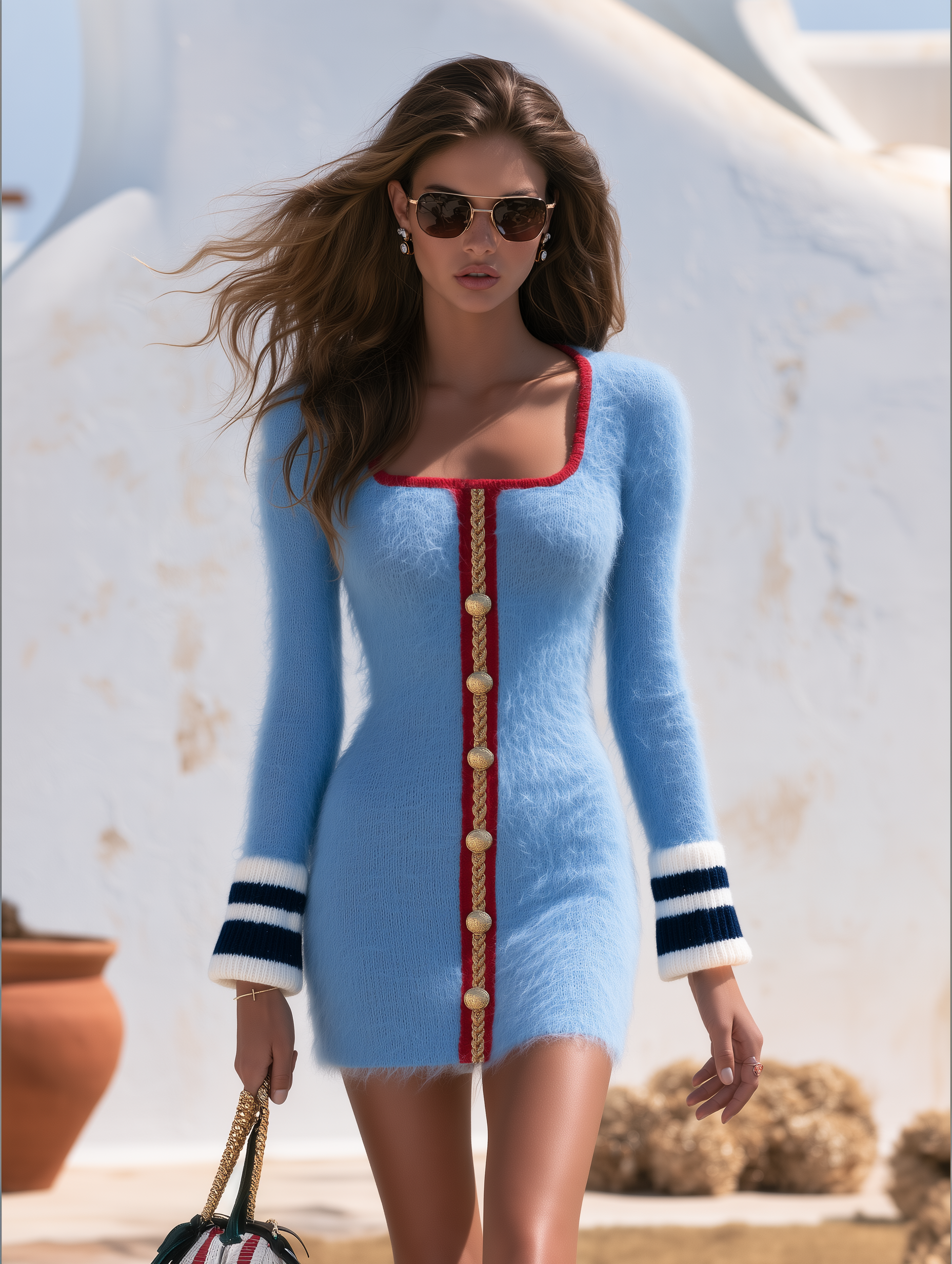 Fuzzy Mohair Square Neck Striped Cuffs Sweater Mini Dress