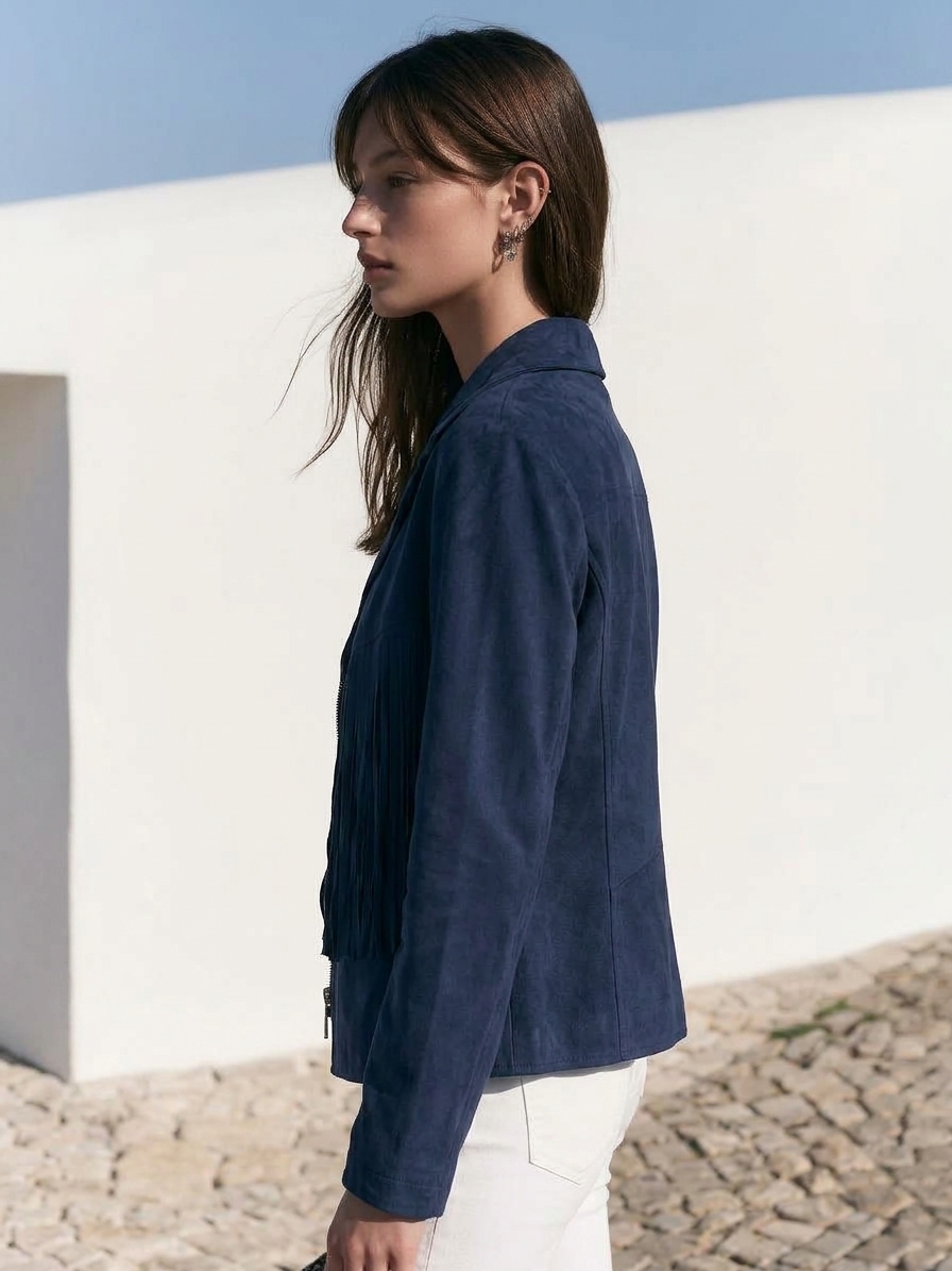 Boho Western Chic Navy Blue Faux Suede Fringe Lapel Zip‑Up Cropped Biker Jacket