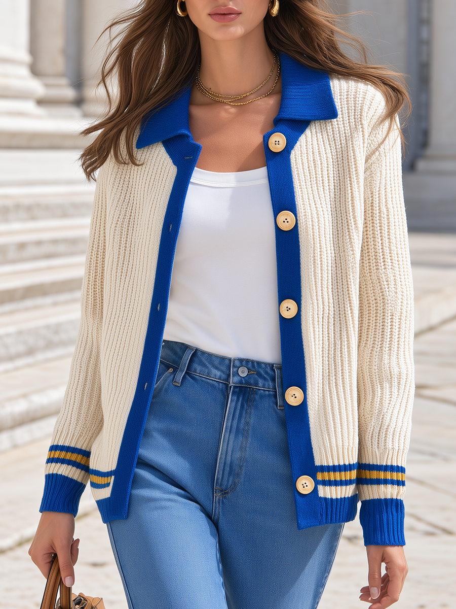 Resort-style Round Neck Color-blocked Trim Long-sleeved Knitted Cardigan