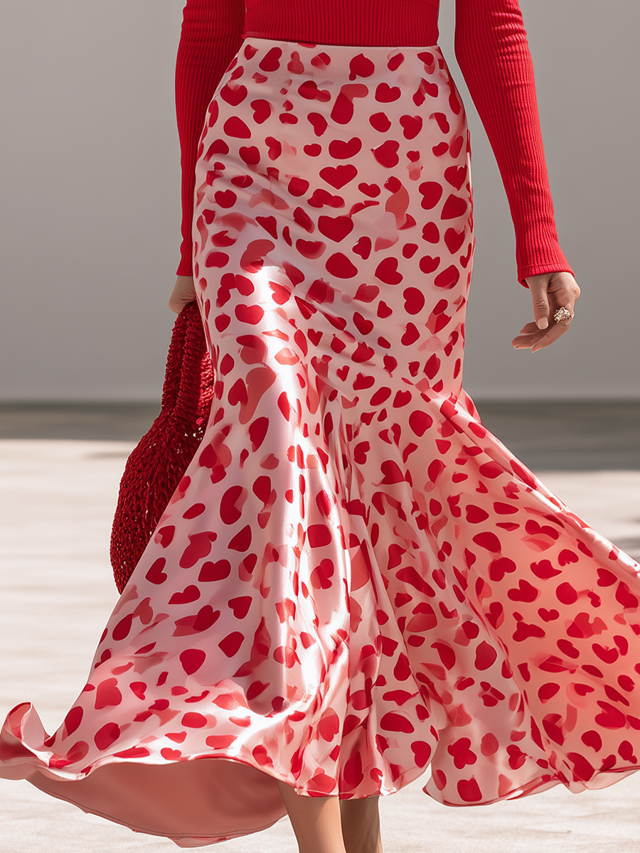 Twist Front Deep V Neck Long Sleeve Ribbed Knit Top And Heart Print Satin Fishtail Maxi Skirt Two Piece Set