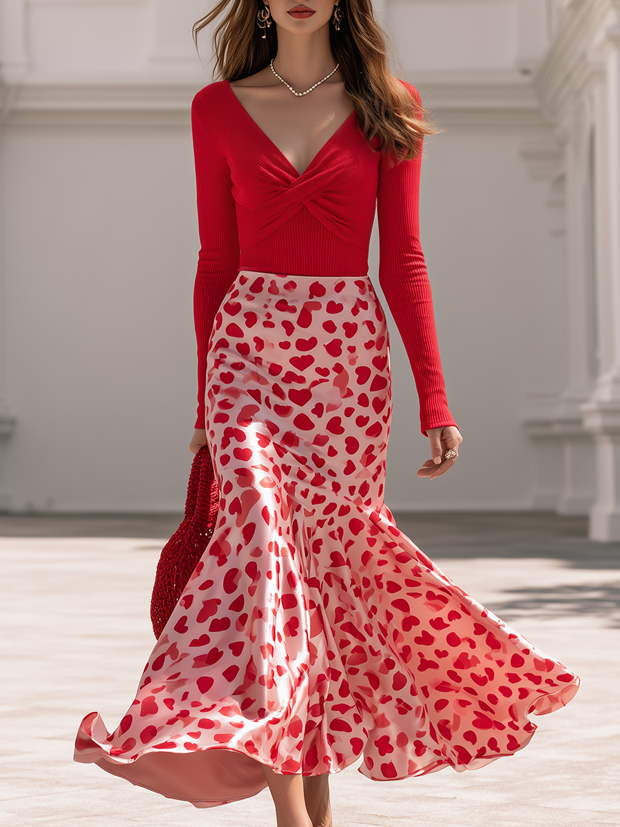 Twist Front Deep V Neck Long Sleeve Ribbed Knit Top And Heart Print Satin Fishtail Maxi Skirt Two Piece Set