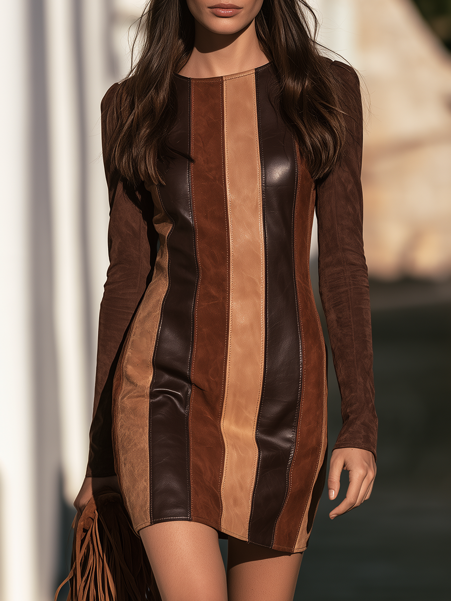 Vintage Chic Patchwork Long Sleeve Faux Suede And Faux Leather Mini Dress