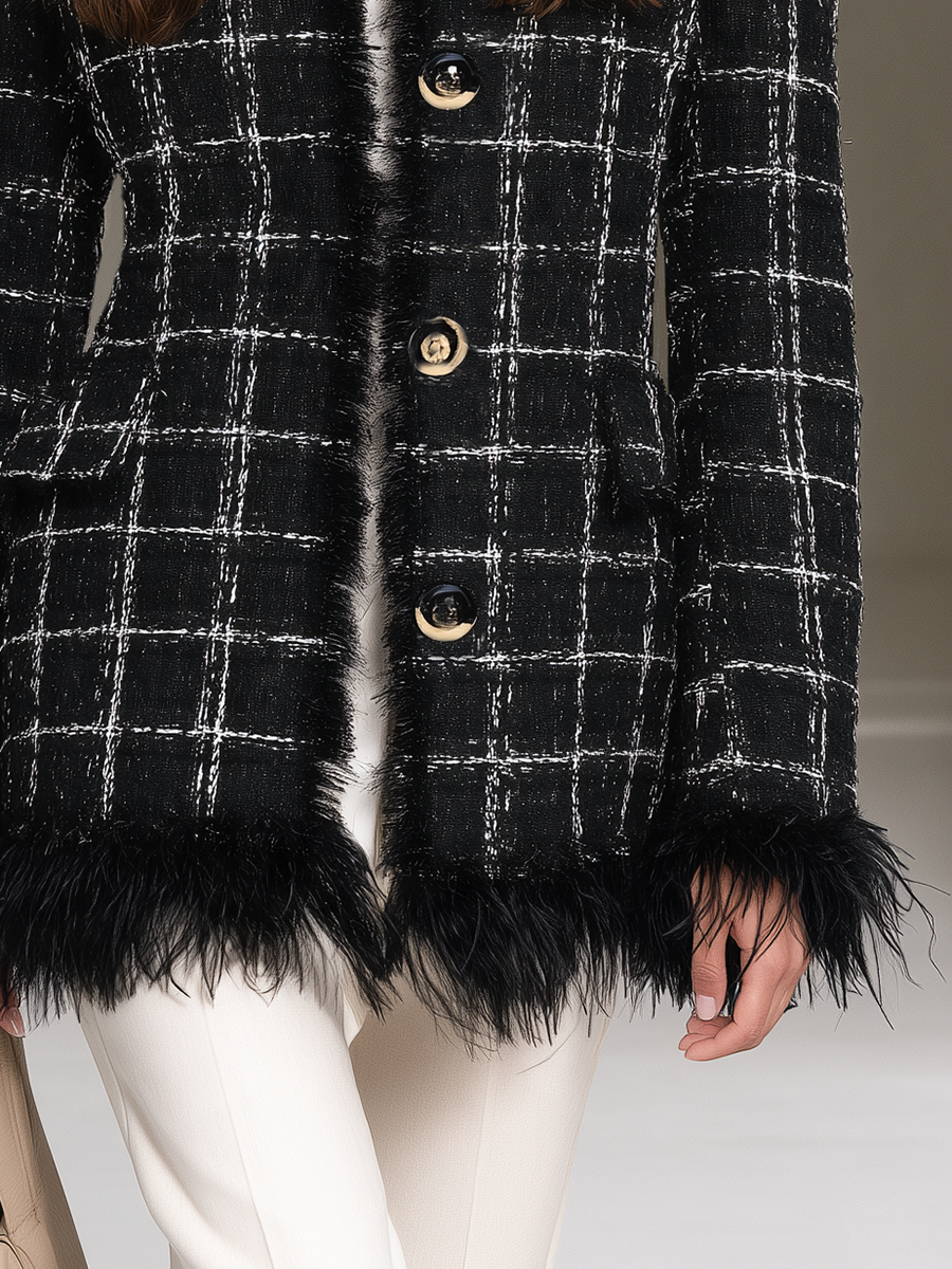 Classic And Elegant Round Neck Faux Fur Trim Black Plaid Tweed Jacket