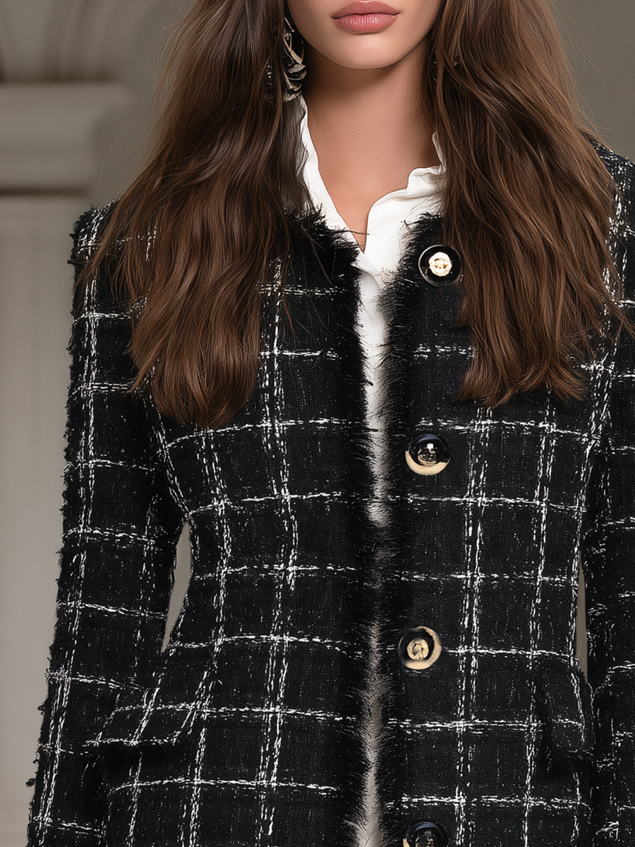Classic And Elegant Round Neck Faux Fur Trim Black Plaid Tweed Jacket