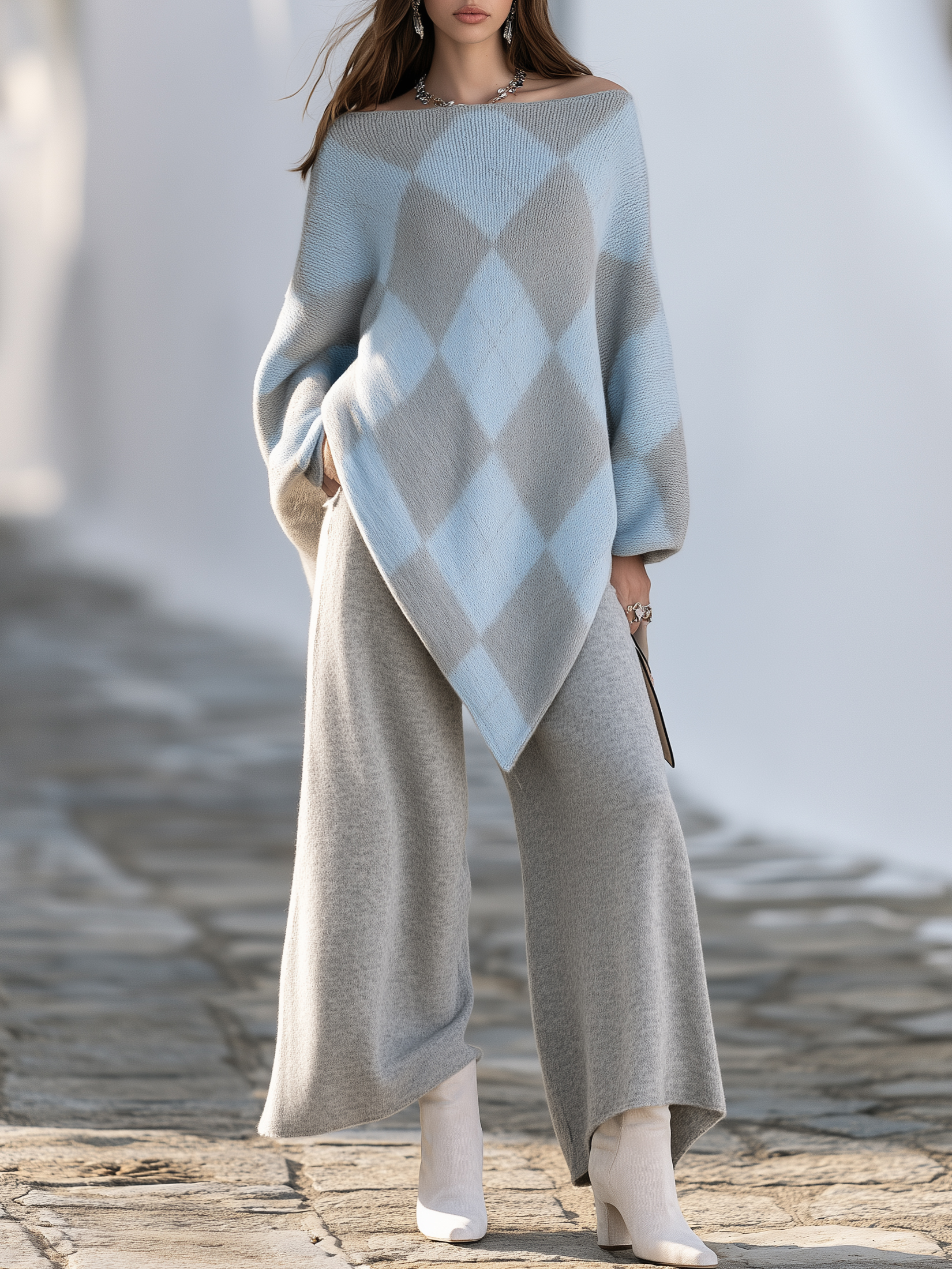 Mediterranean Resort Light Blue Grey Argyle Off‑Shoulder Asymmetrical Hem Knit Two Piece Set