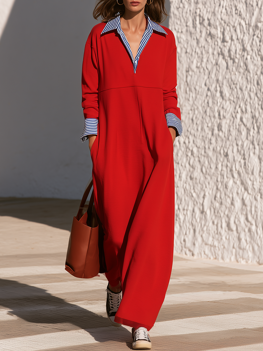 Casual Old Money Blue And White Striped Fake Two Piece Collar Red Maxi Dress