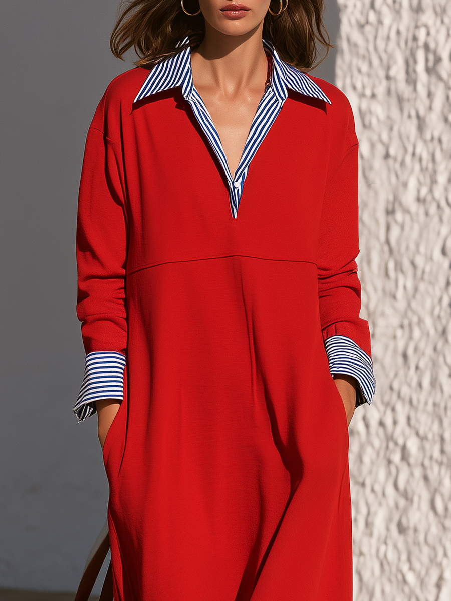 Casual Old Money Blue And White Striped Fake Two Piece Collar Red Maxi Dress
