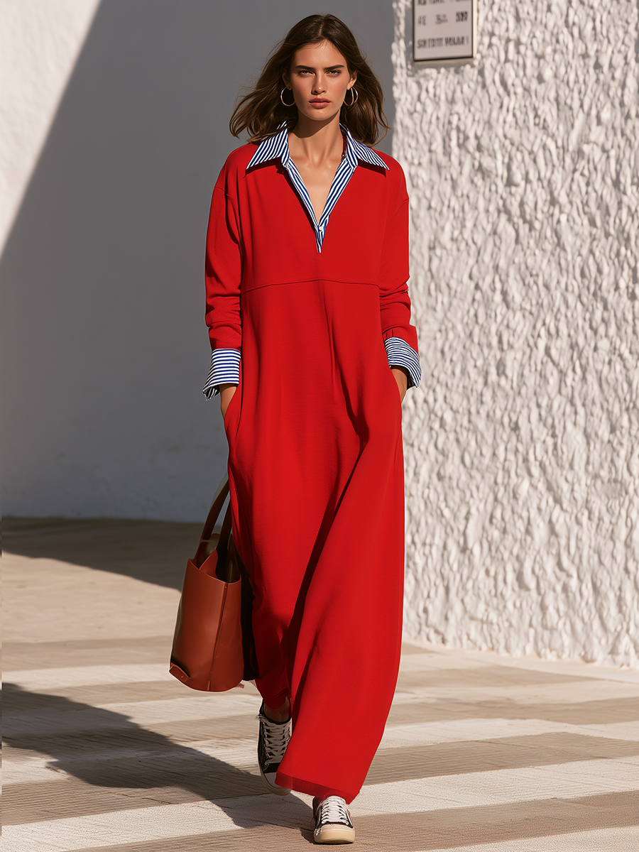 Casual Old Money Blue And White Striped Fake Two Piece Collar Red Maxi Dress