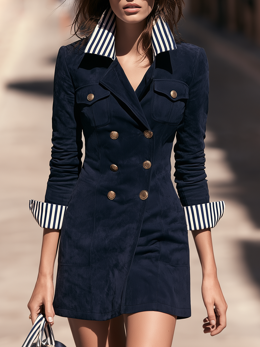 Old Money Striped Contrast Trim Double-Breasted Navy Faux Suede Mini Dress