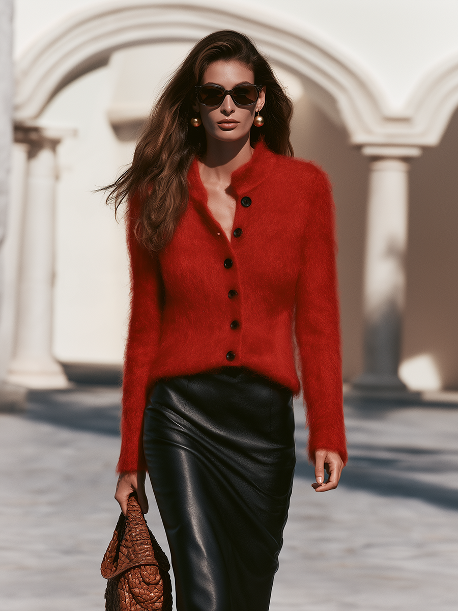 Minimalist Chic Mohair Stand Collar Button-Front Cardigan