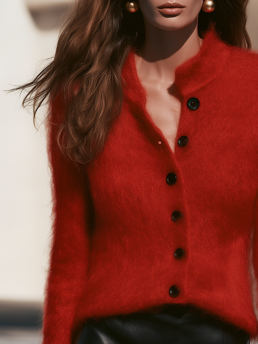 Minimalist Chic Mohair Stand Collar Button-Front Cardigan
