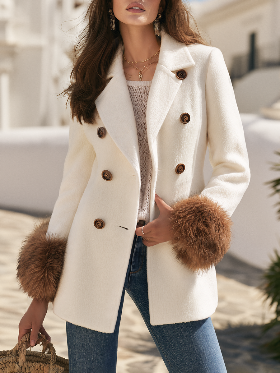 Double Breasted Imitation Wool Faux Fur Cuff Notched Lapel Tortoise Button Welt Pocket Tailored Hip Length Coat