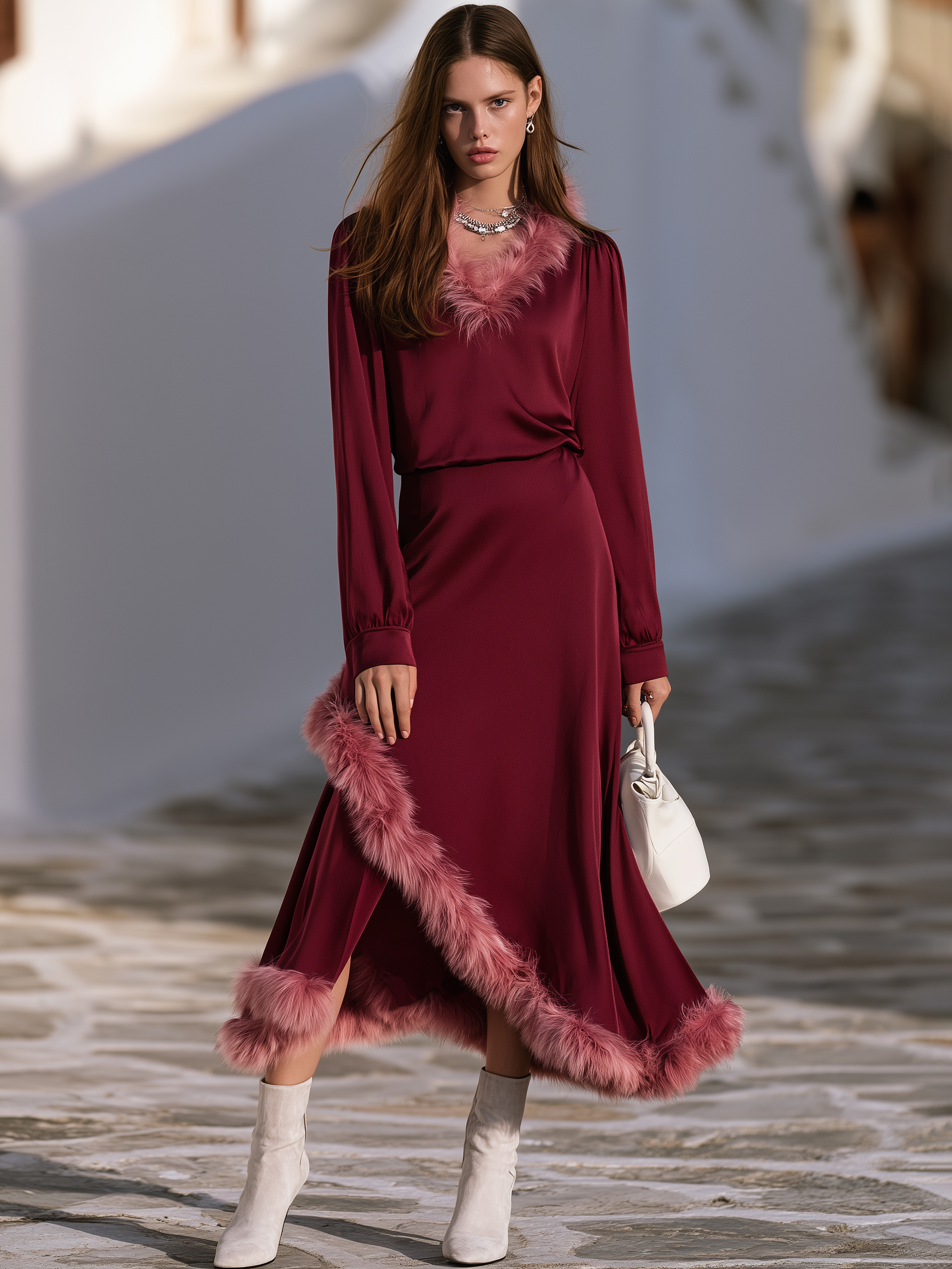 Mediterranean Old Money Burgundy Satin Fur Trim V Neck Long Sleeve Top And Midi Skirt Set