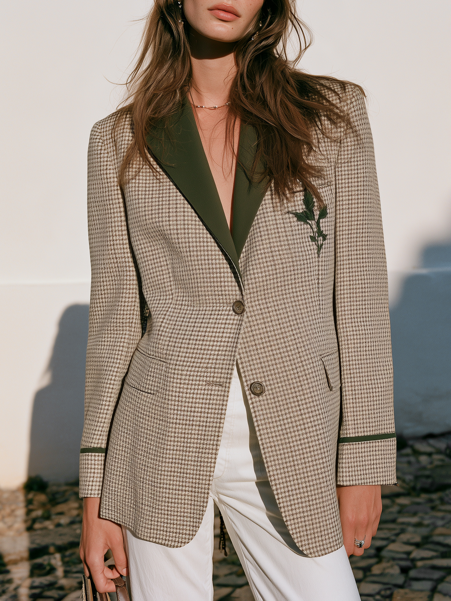 Old Money Style Houndstooth Contrast Green Lapel Floral Embroidery Single‑Breasted Blazer