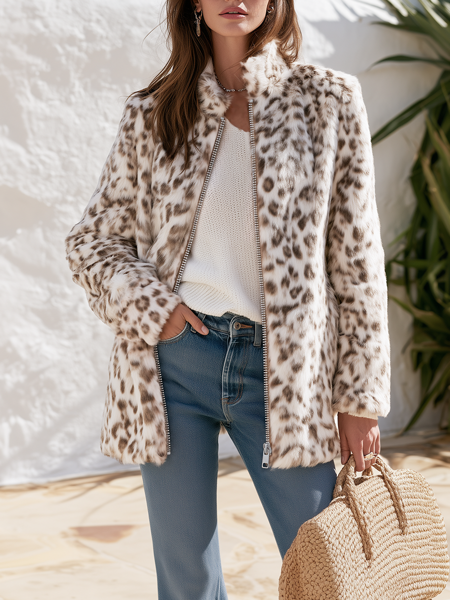 Ivory Leopard Spot Silver Zip Stand Collar Side-Pocket Plush Faux Fur Short Coat