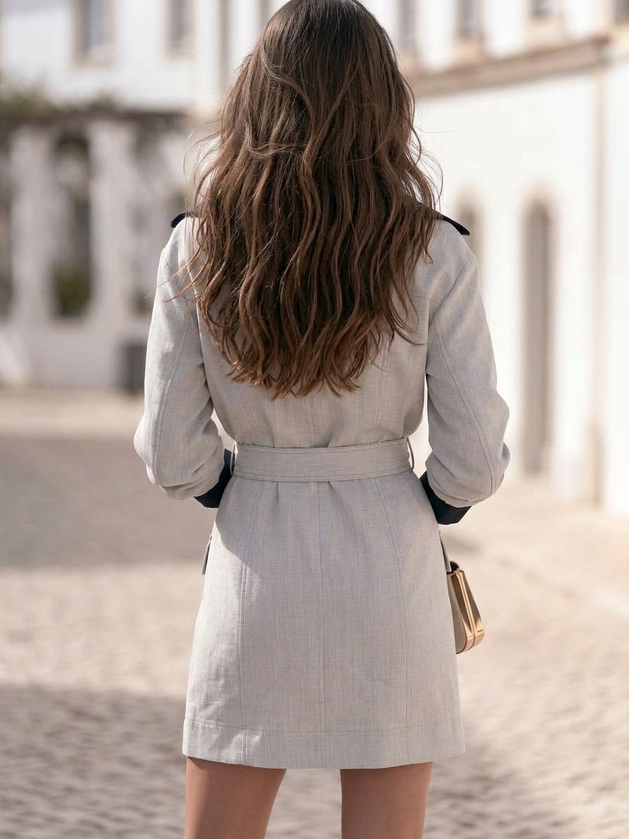 Mediterranean Chic Light Grey Navy Contrast Collar Belted Short Coat