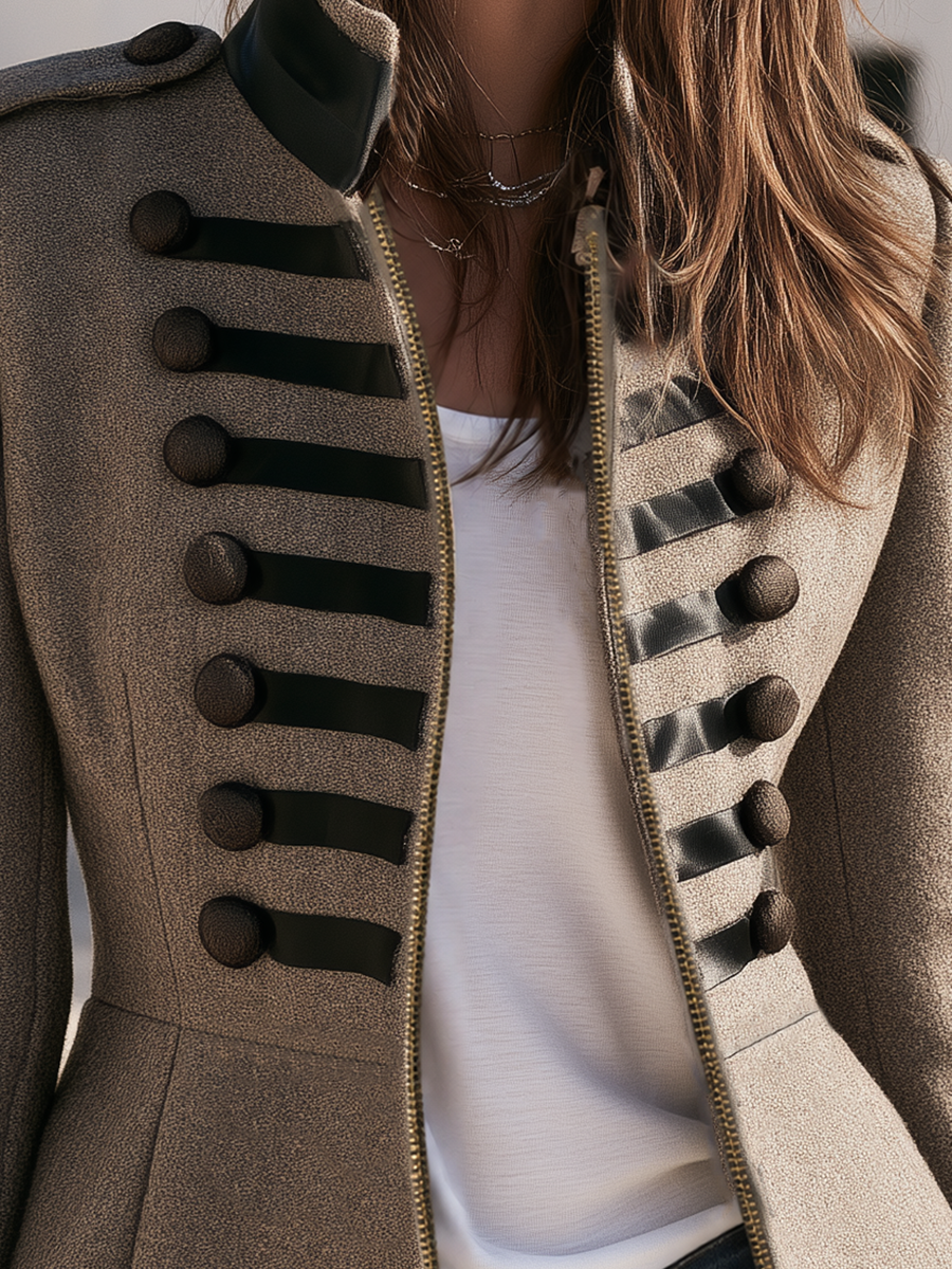 Old Money Style Gray-brown Wool Textured Military-inspired Ruffled Napoleon Jacket