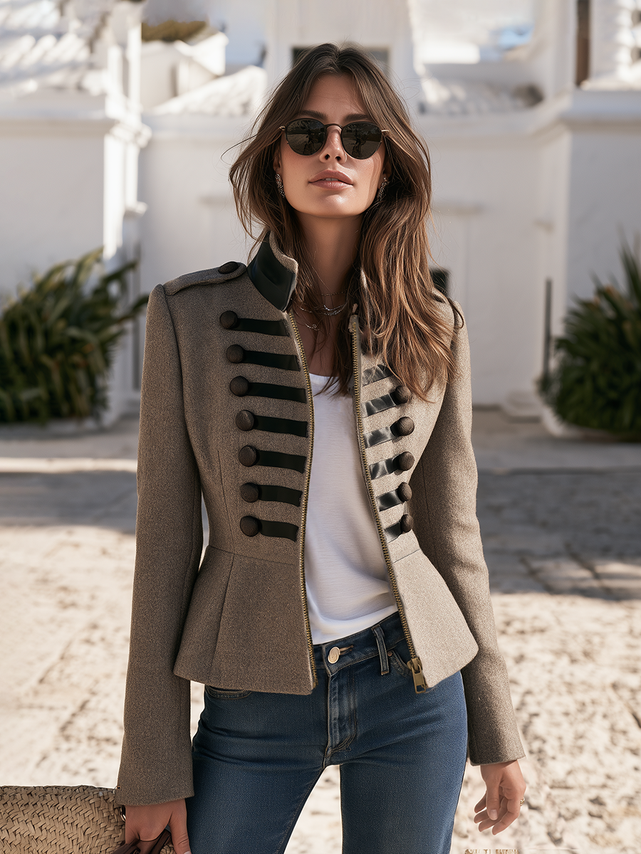 Old Money Style Gray-brown Wool Textured Military-inspired Ruffled Napoleon Jacket