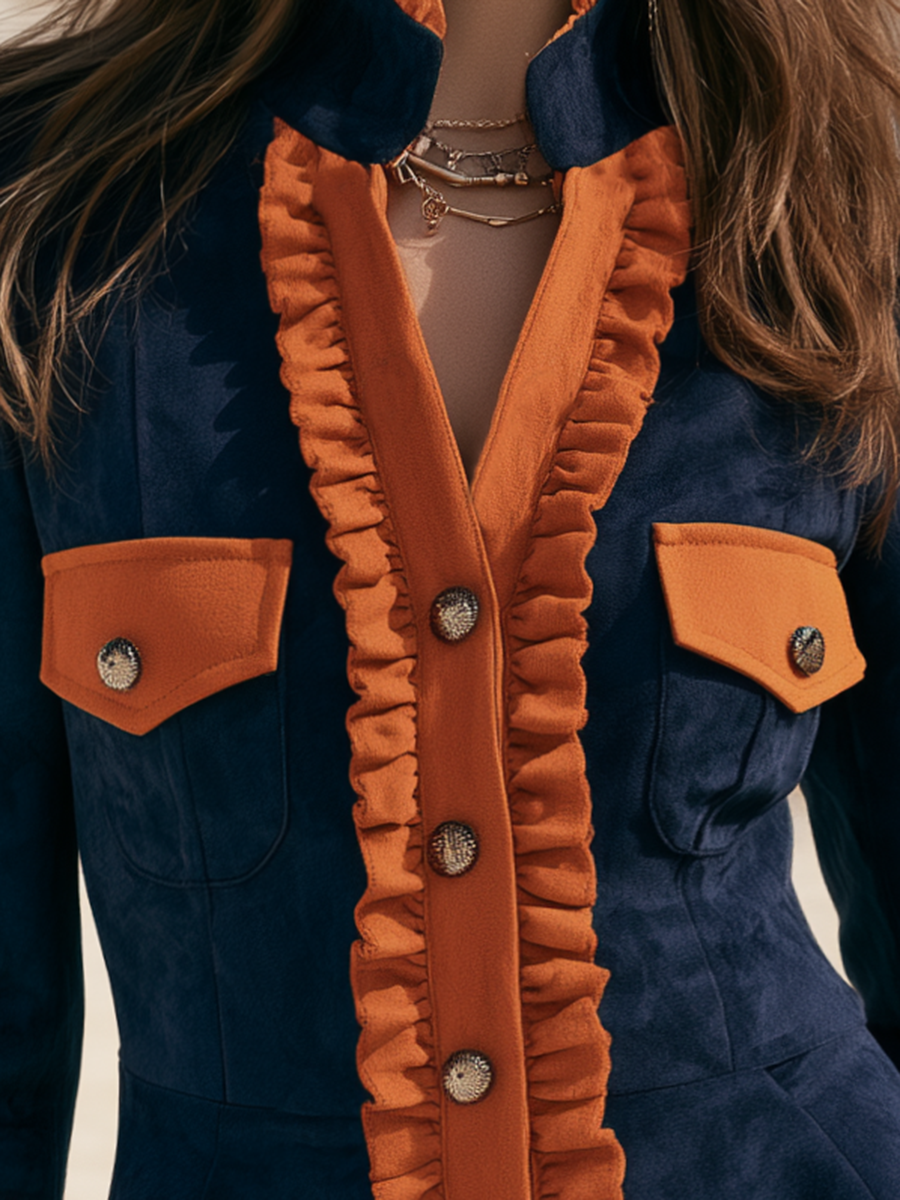Old Money Navy Blue Faux Suede Jacket With Contrasting Ruffle Trim And Metal Buckle Jacket