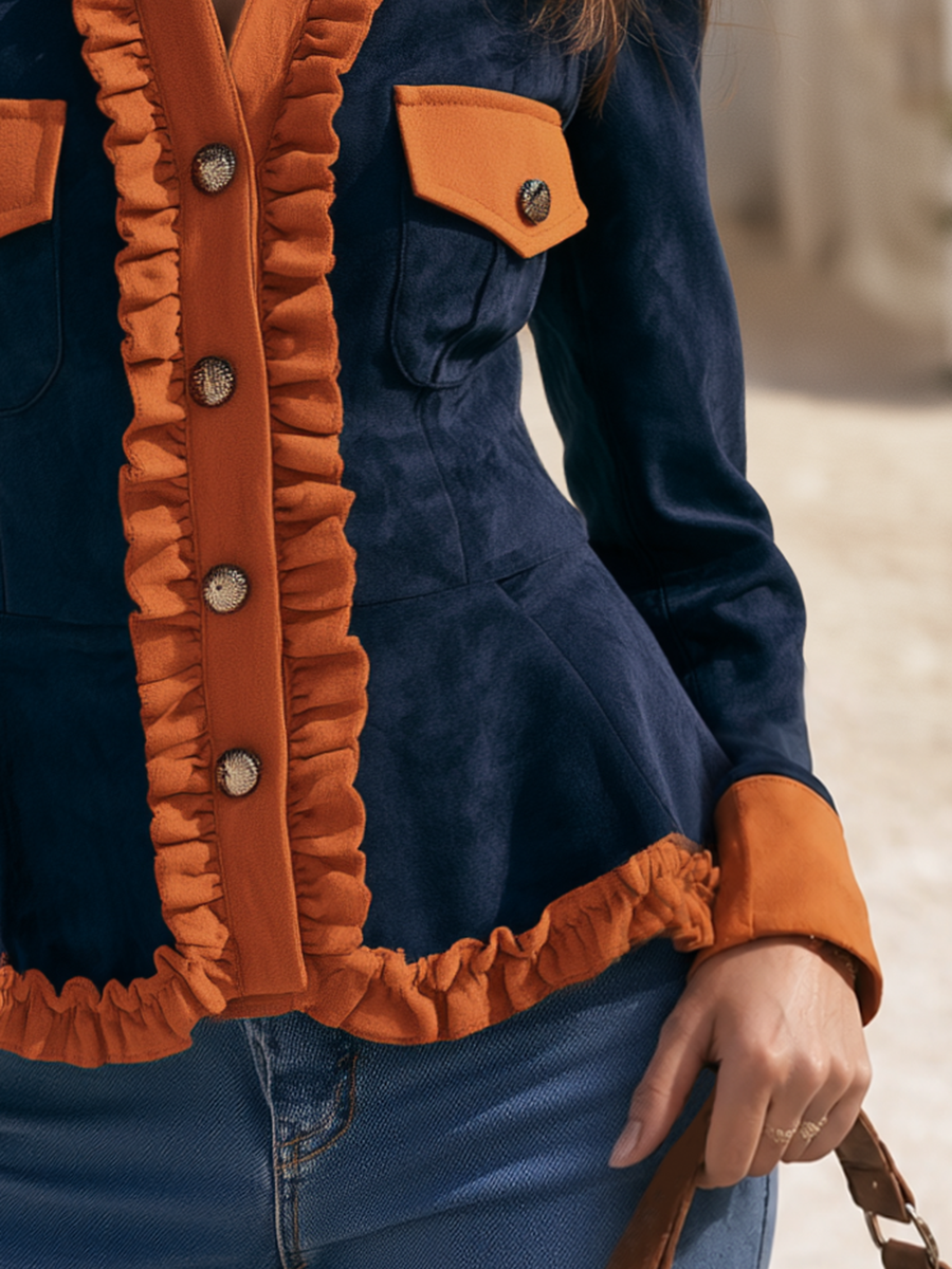 Old Money Navy Blue Faux Suede Jacket With Contrasting Ruffle Trim And Metal Buckle Jacket