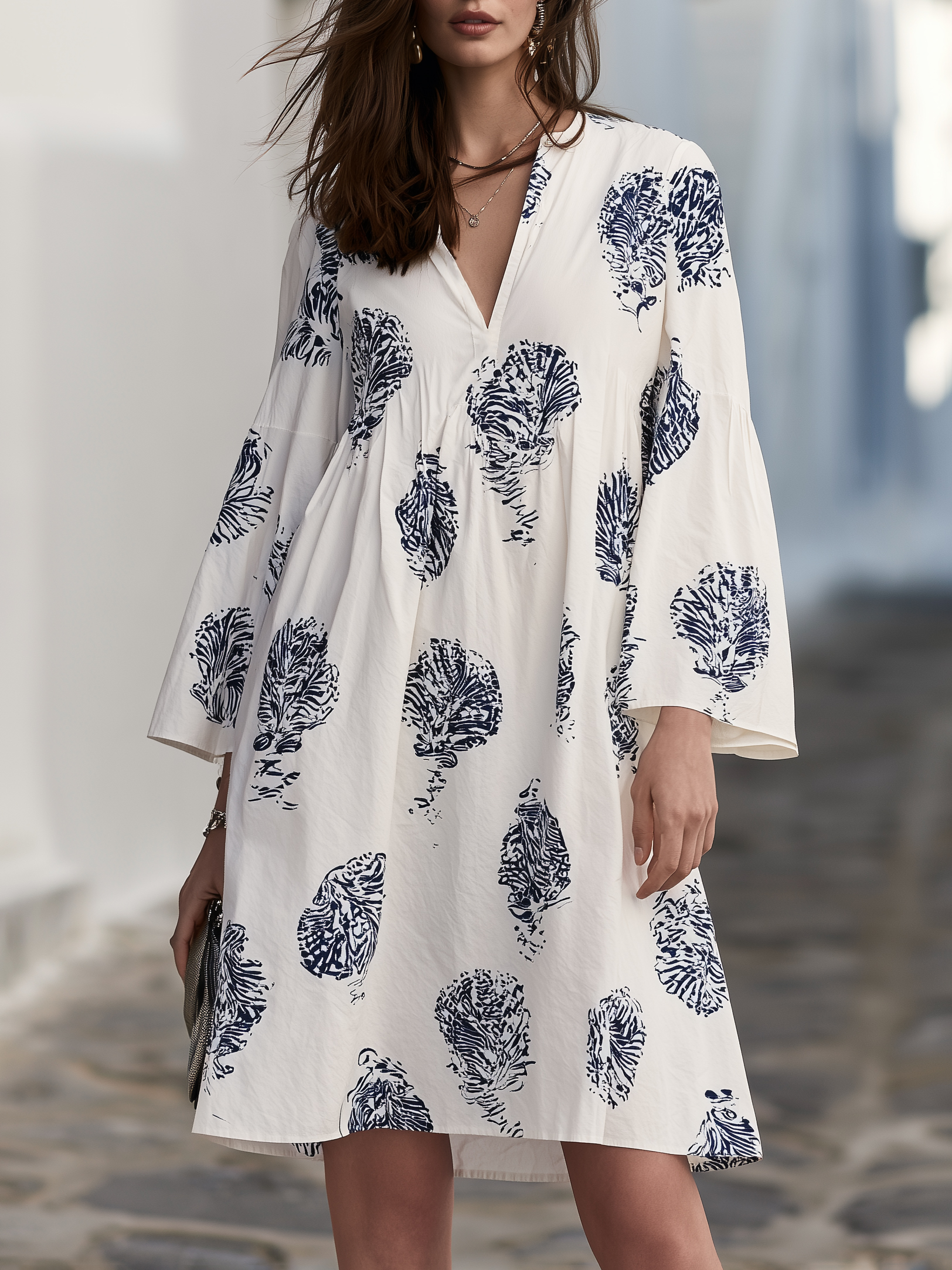Mediterranean Chic White Navy Seashell Print V Neck Knee Length Dress