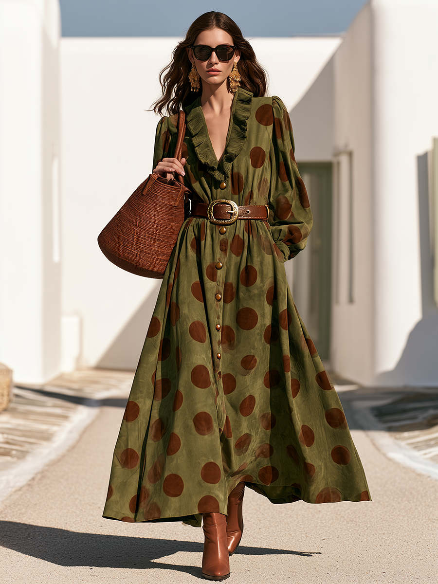 Retro-Chic Polka-Dot Ruffles And V-Neck Olive Green Faux Suede Maxi Dress