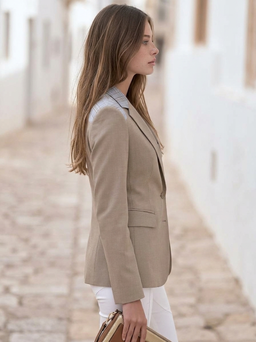 Mediterranean Chic Khaki Plaid Spliced Lapel Tailored Blazer