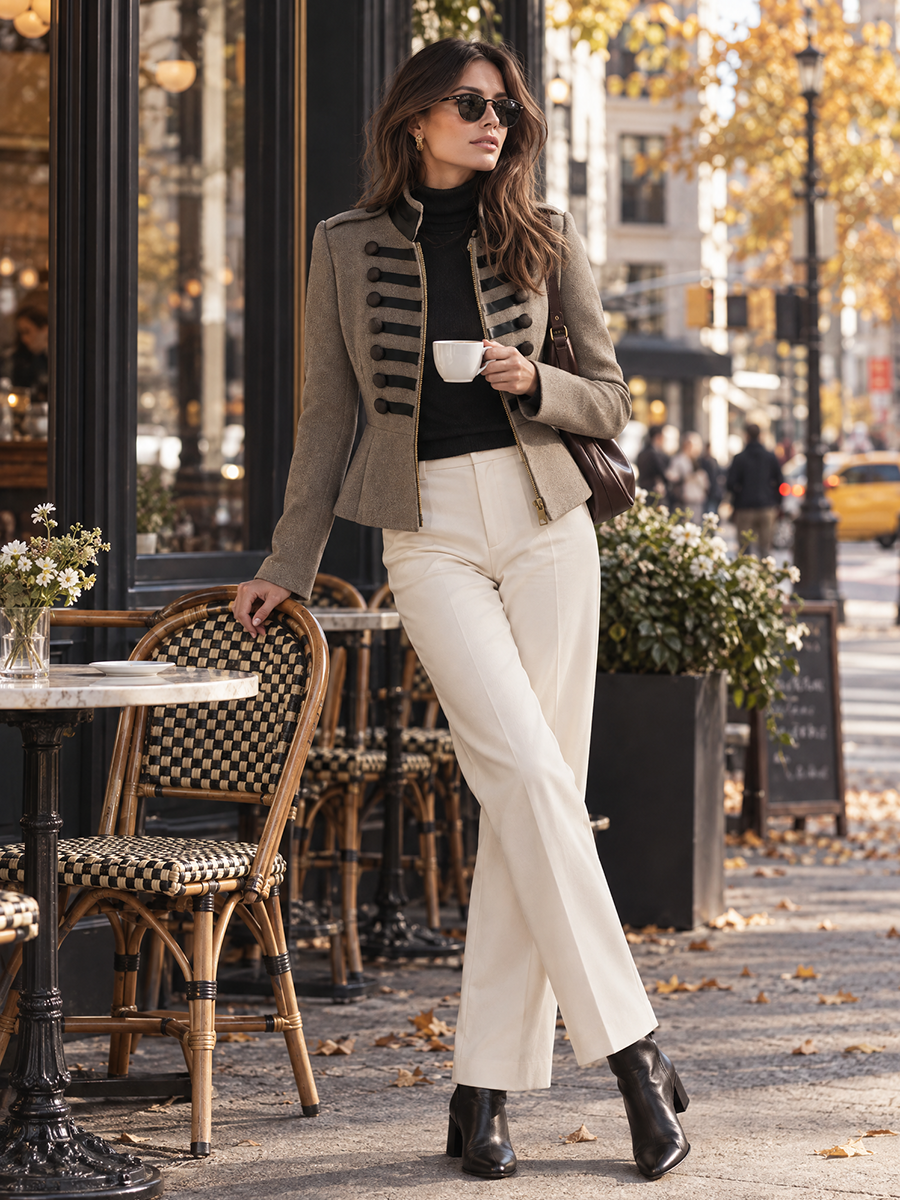 Old Money Style Gray-brown Wool Textured Military-inspired Ruffled Napoleon Jacket