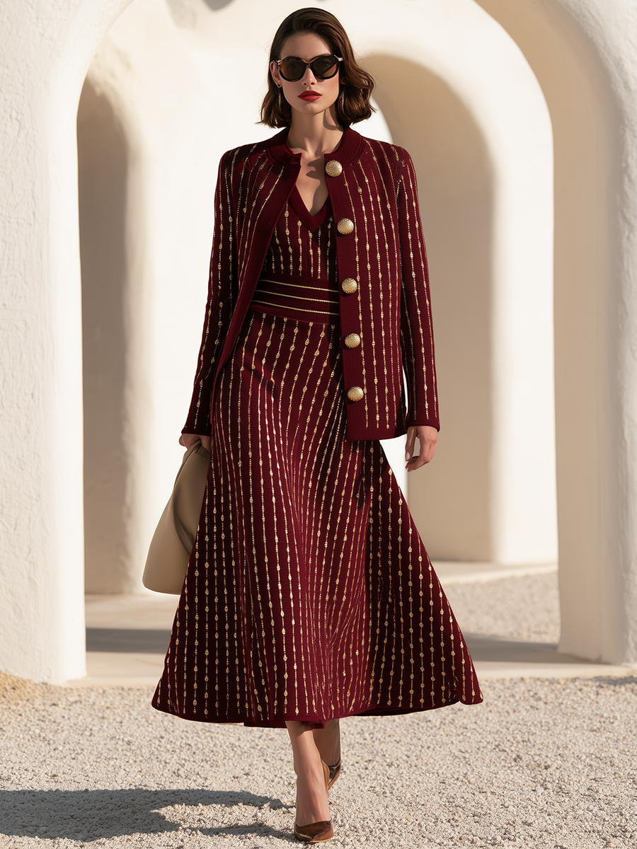Casual-Chic Burgundy V-Neck Knitted Midi Dress