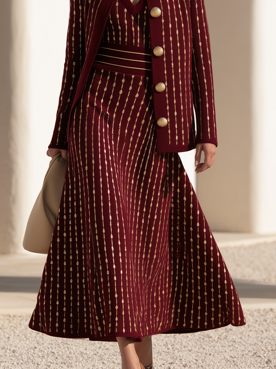 Casual-Chic Burgundy V-Neck Knitted Midi Dress