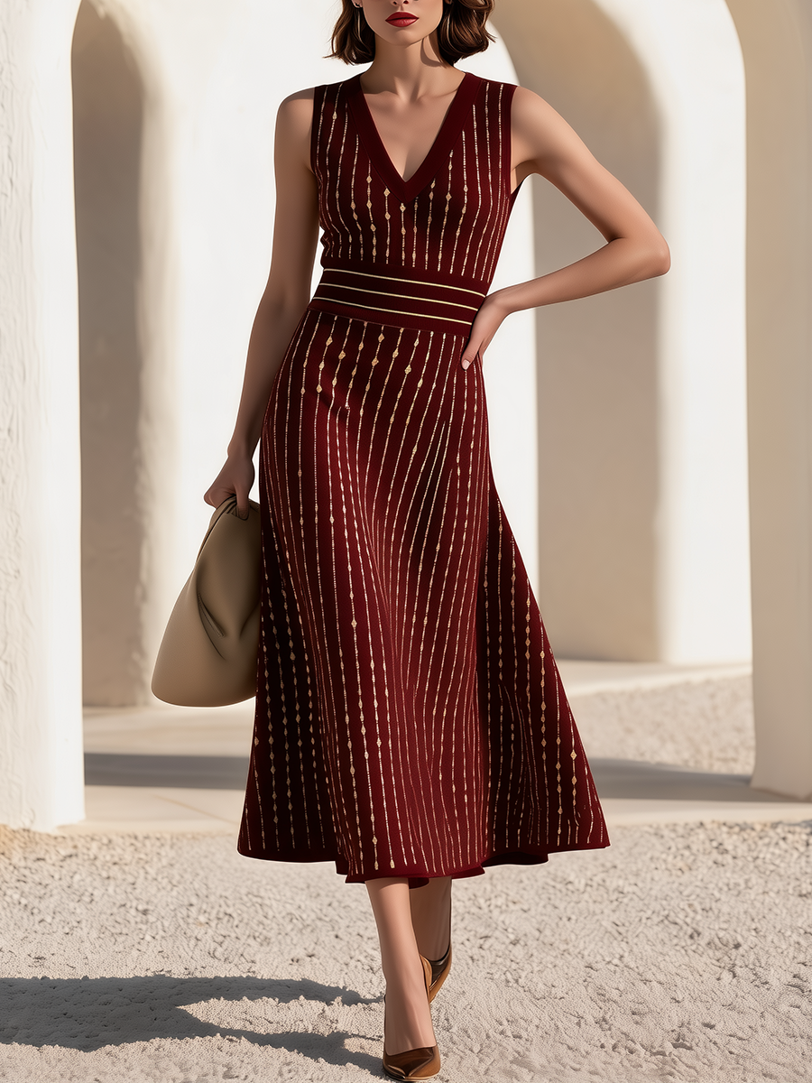 Casual-Chic Burgundy V-Neck Knitted Midi Dress