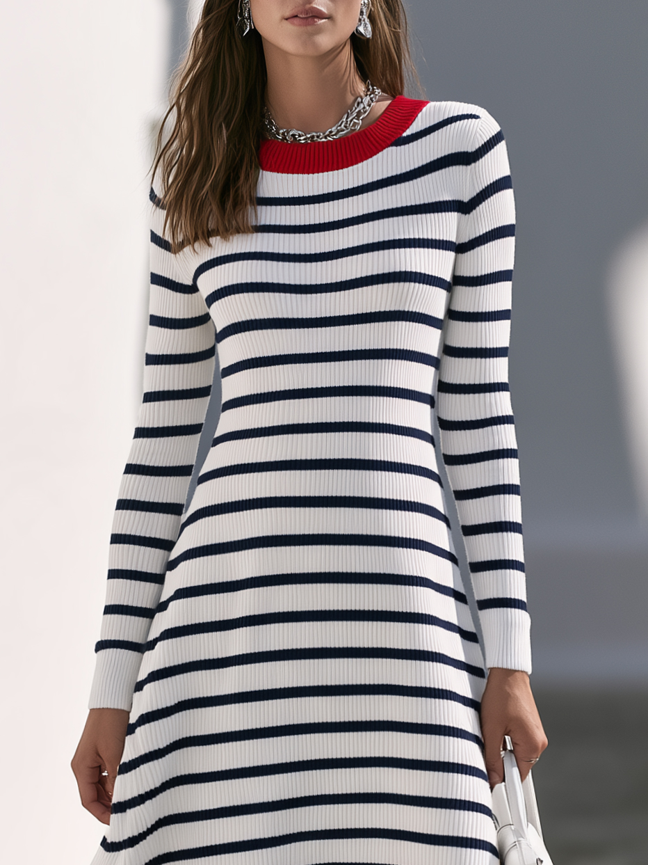 Coastal Nautical Red Collar Navy White Stripe Knit Midi Dress