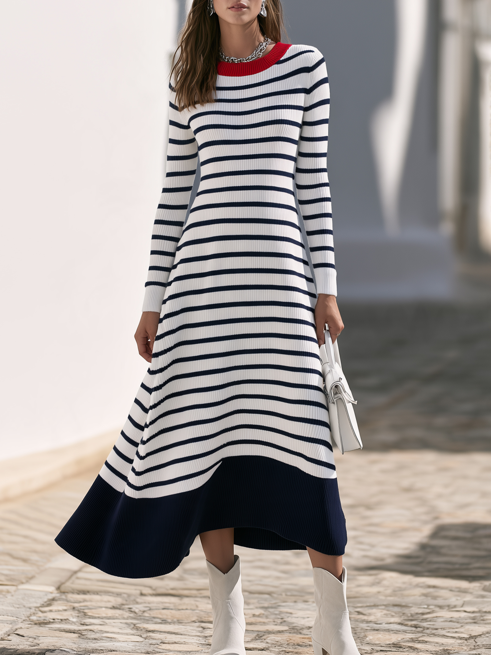 Coastal Nautical Red Collar Navy White Stripe Knit Midi Dress