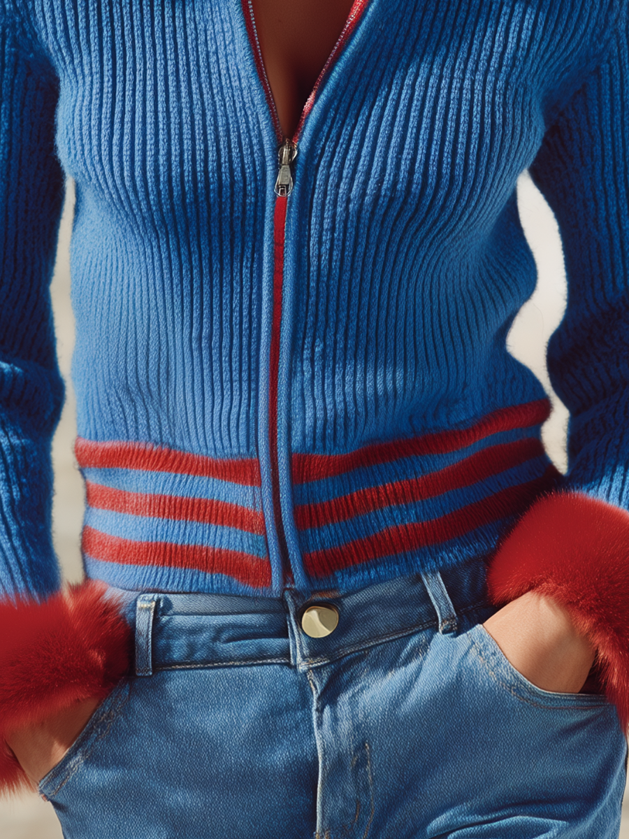 Resort-style Striped Long-sleeved Fur Collar Knitted Cardigan