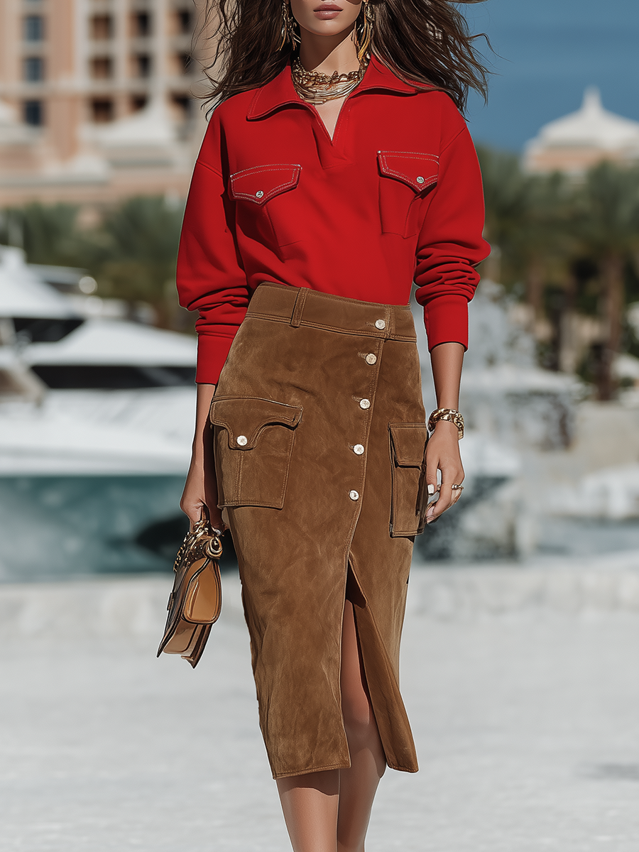 Resort-style Solid-color Collared Top And Button-slit Skirt Set