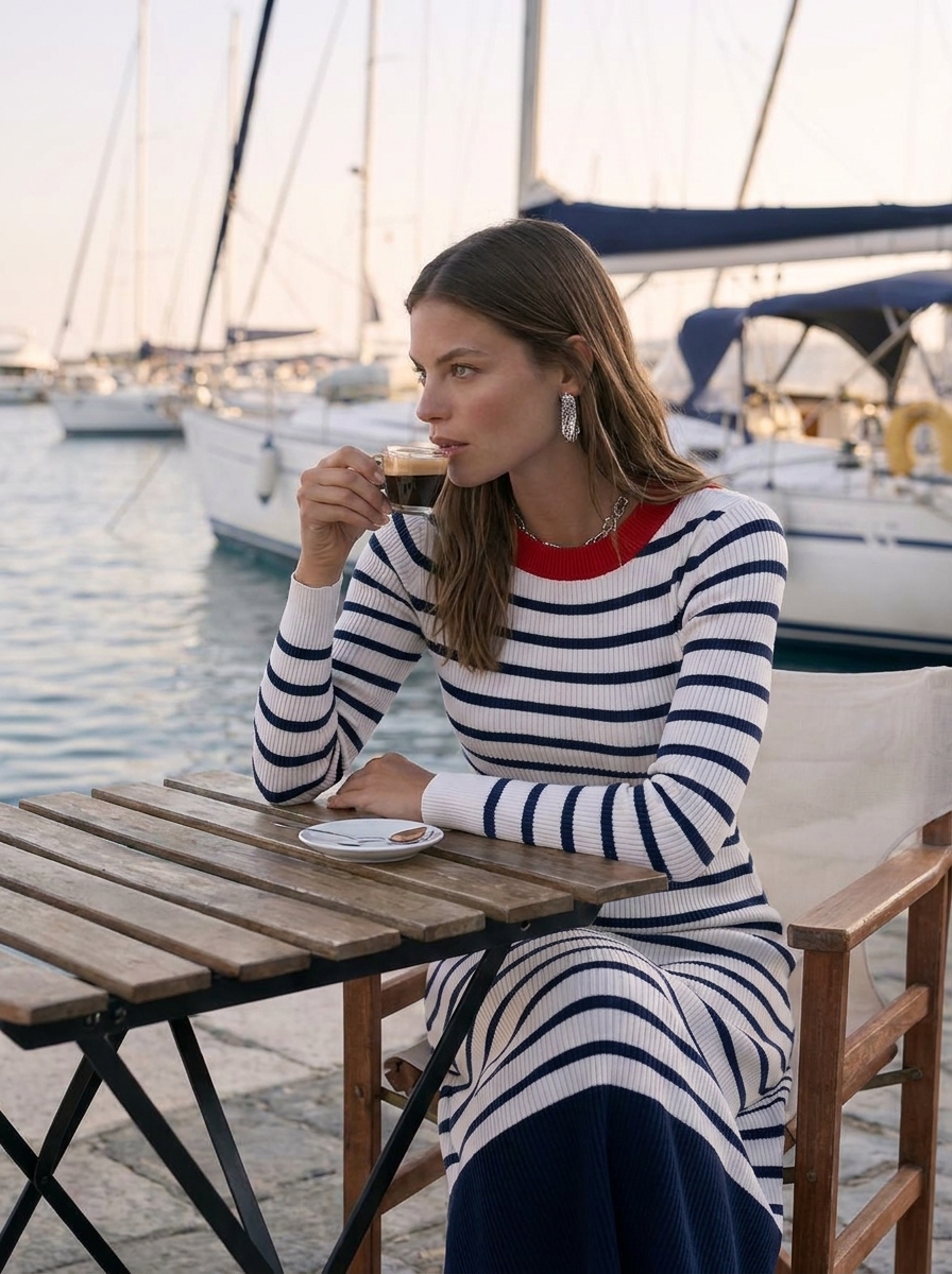 Coastal Nautical Red Collar Navy White Stripe Knit Midi Dress