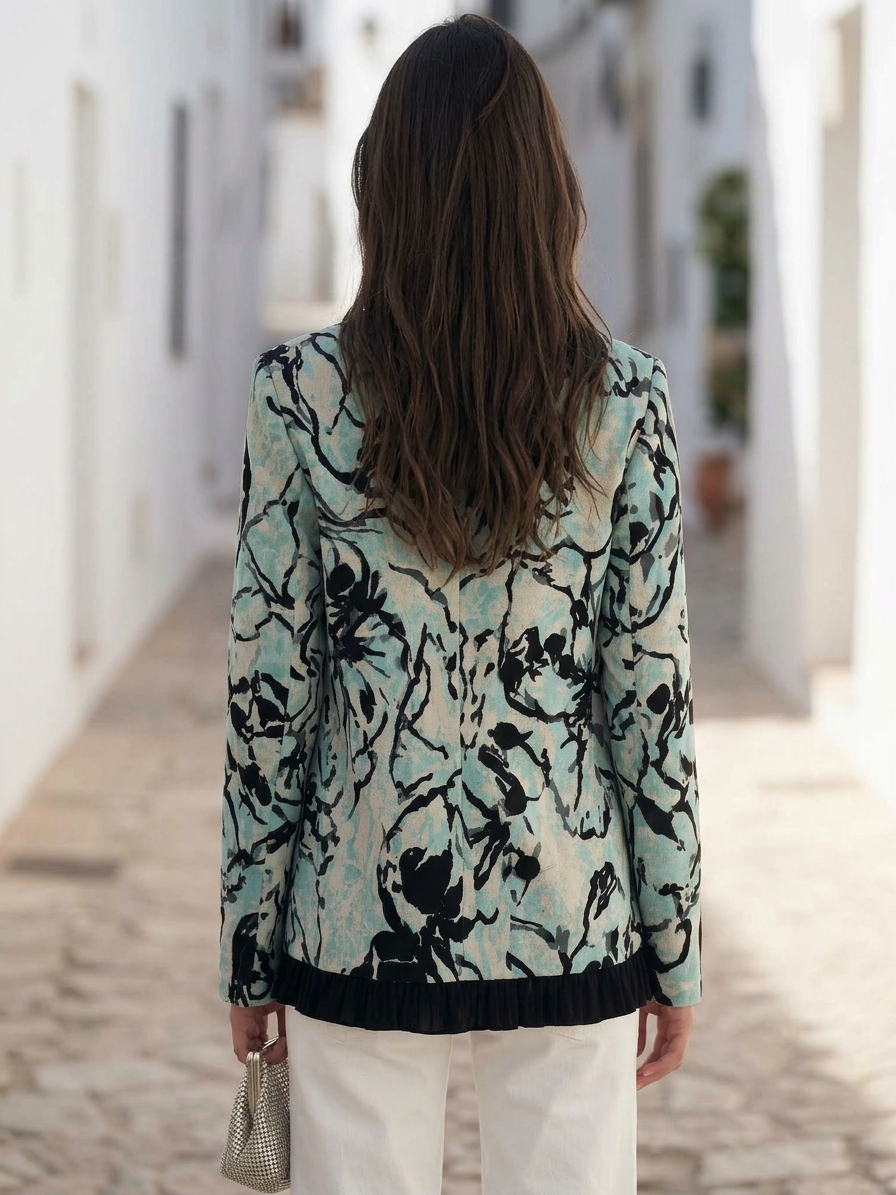 Artistic Bohemian Mint Green Abstract Floral Open Front Blazer