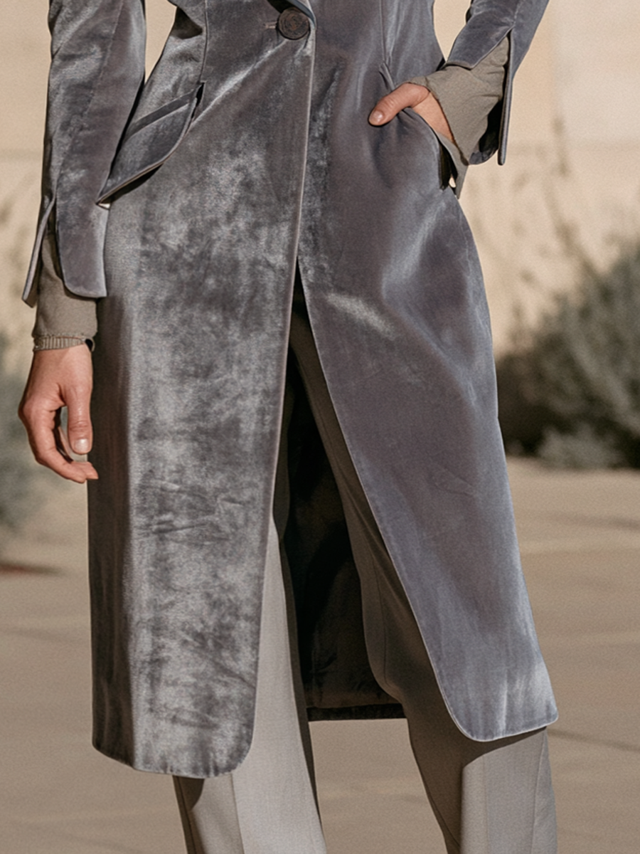 Women's Gray Velvet-Look Shawl Collar Single-Button Longline Coat
